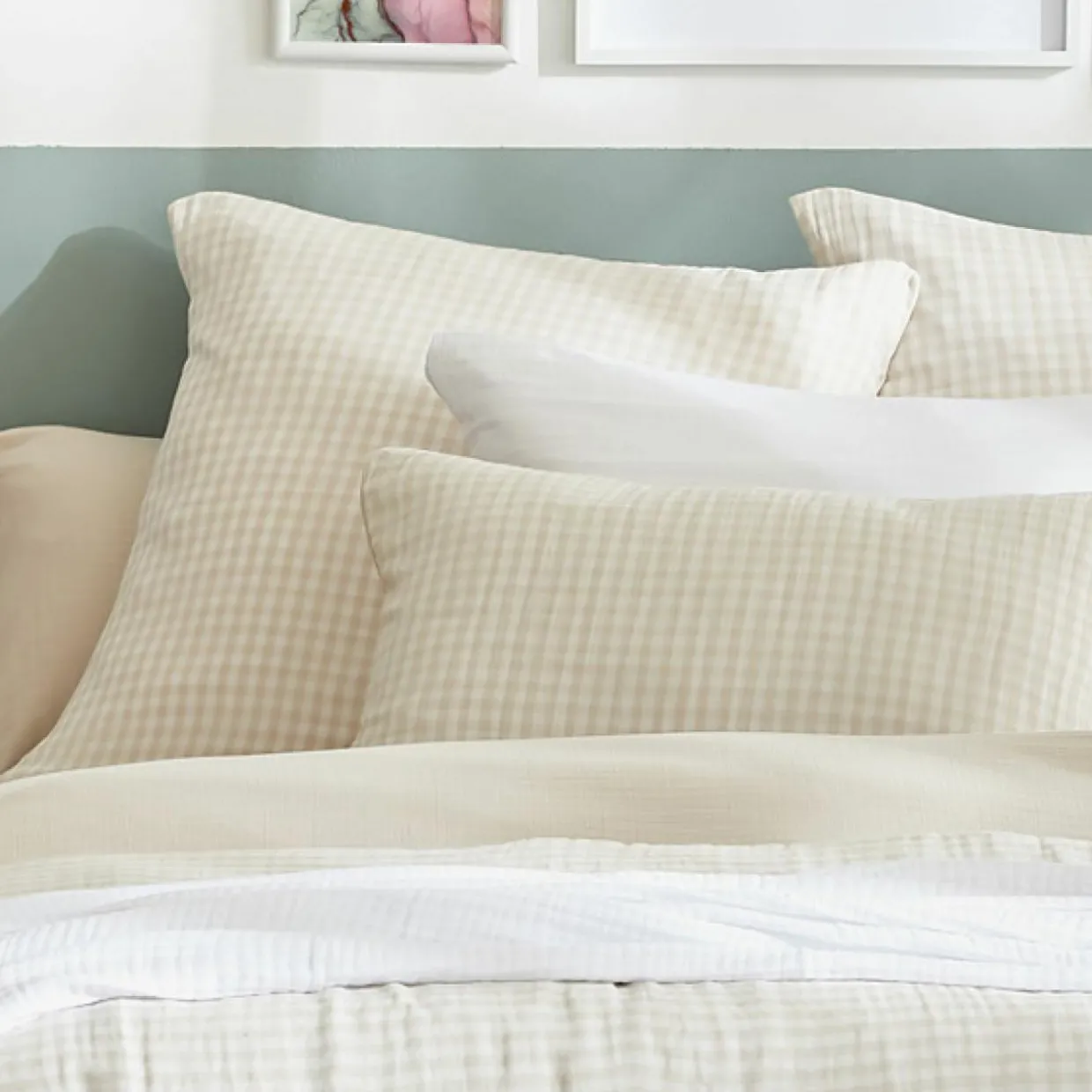 Taie d'oreiller Carrée gaze de coton (80 x 80 cm) Gaïa Vichy Beige