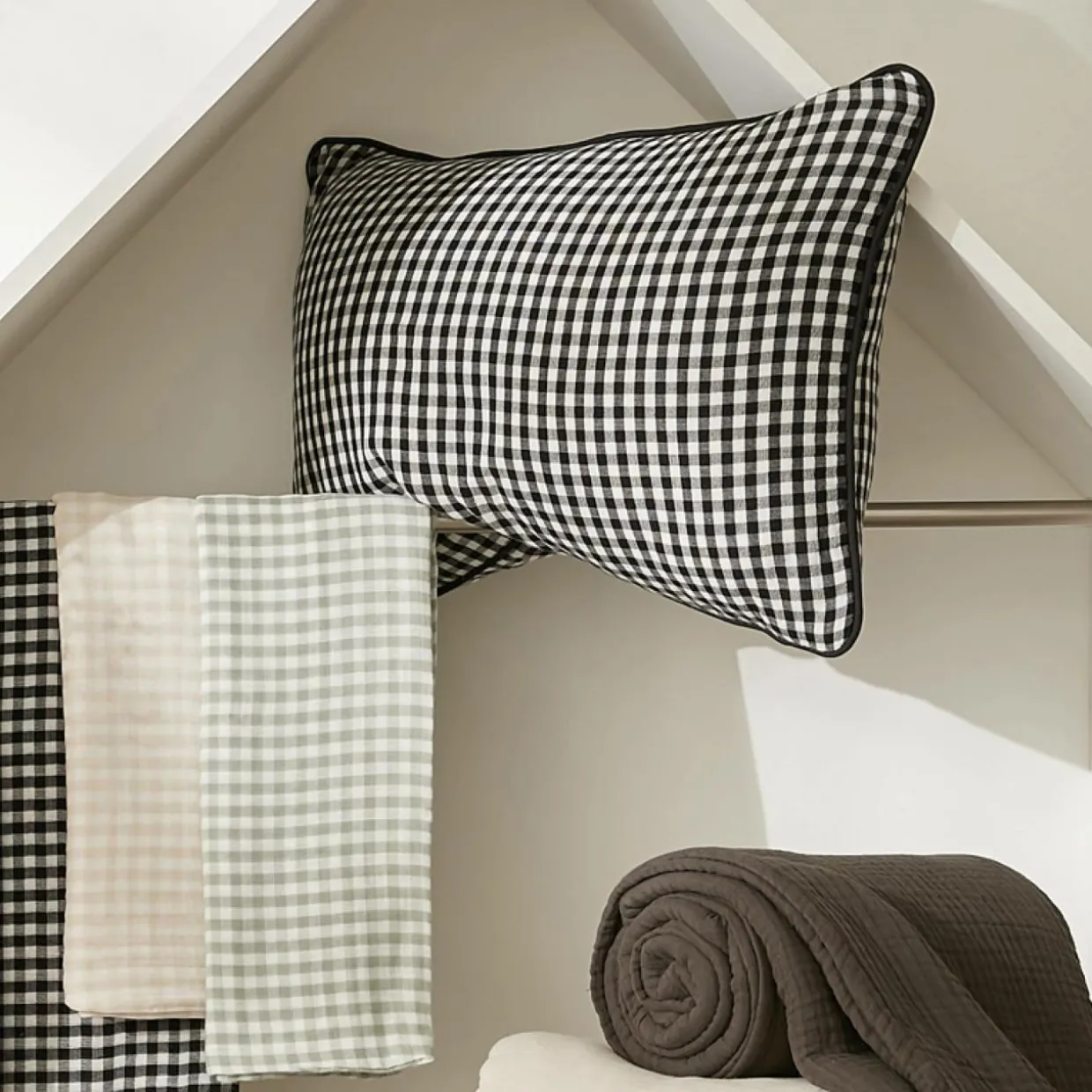 Taie d'oreiller Carrée gaze de coton (80 x 80 cm) Gaïa Vichy Beige