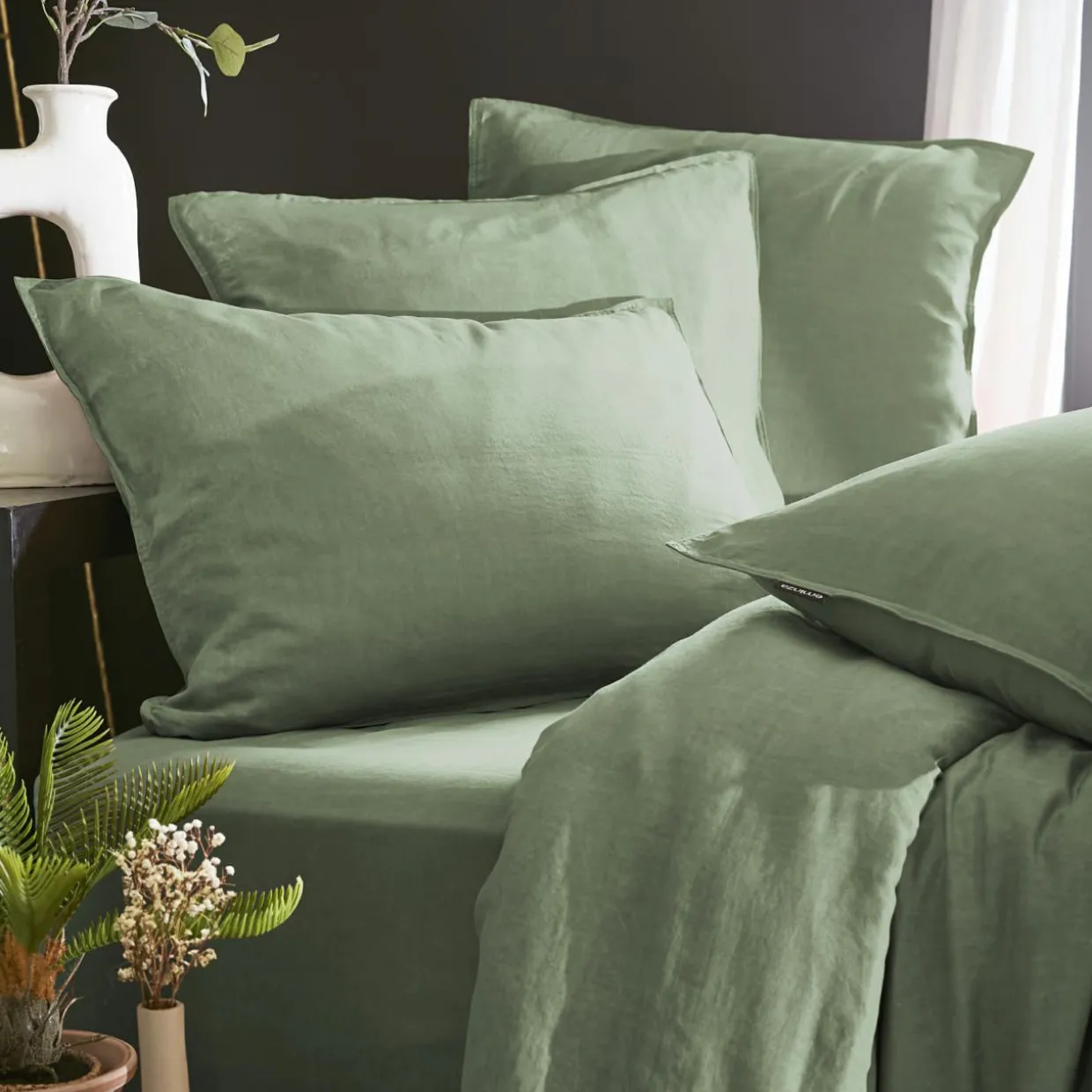 Taie d'oreiller carrée lyocell Tencel™ lavé (80 x 80 cm) Olivia Vert romarin