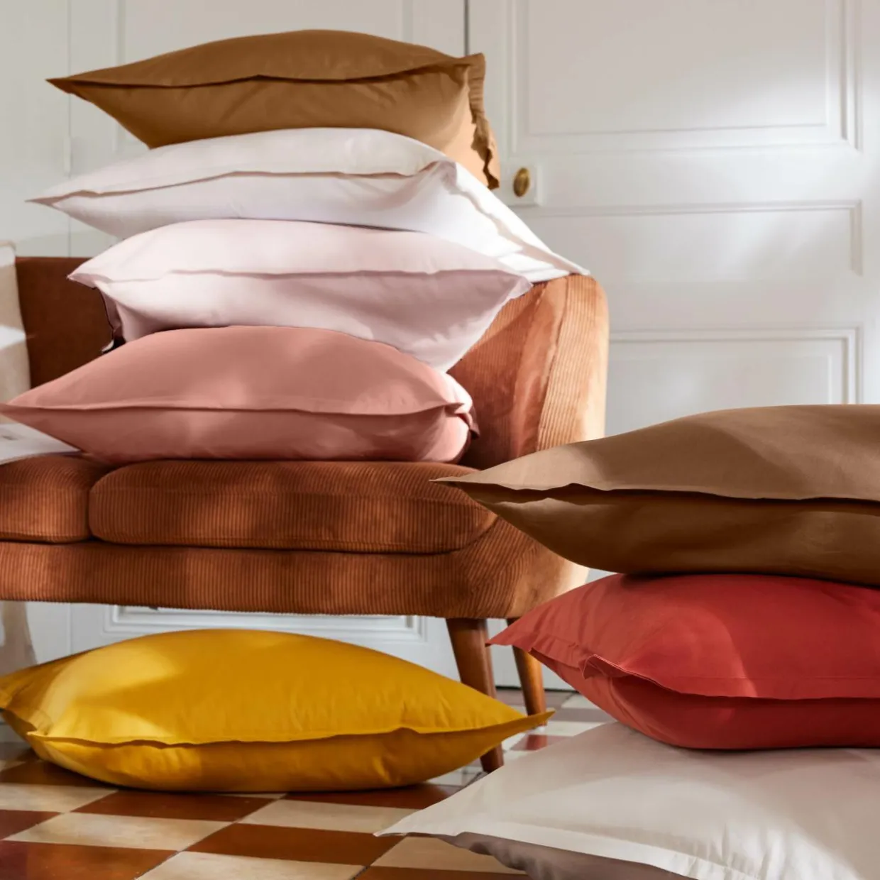 Taie d'oreiller carrée percale de coton (65 x 65 cm) Cali Jaune moutarde