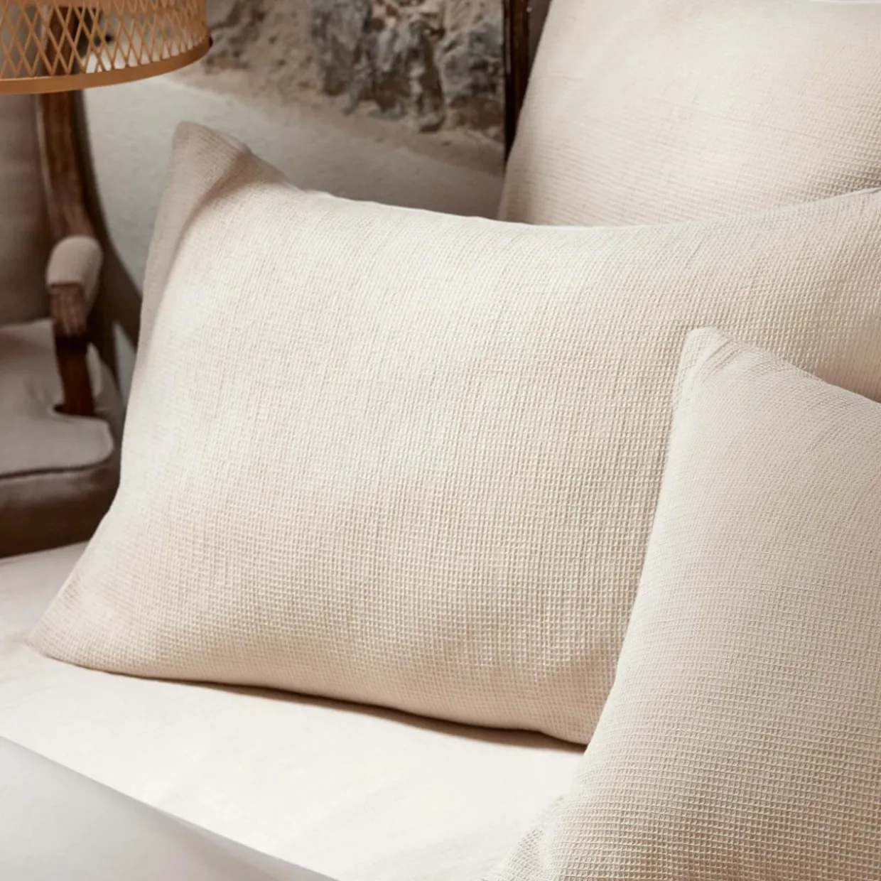 Taie d'oreiller rectangulaire coton nid d'abeille (50 x 70 cm) Eva Beige