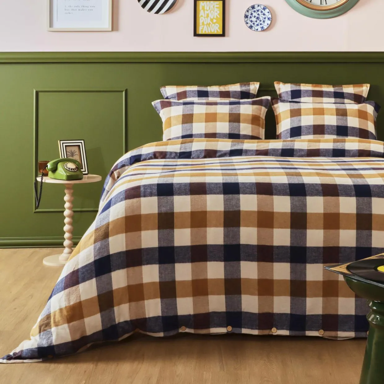 Taie d'oreiller rectangulaire flanelle de coton (50 x 80 cm) Nina carreaux Multicolore