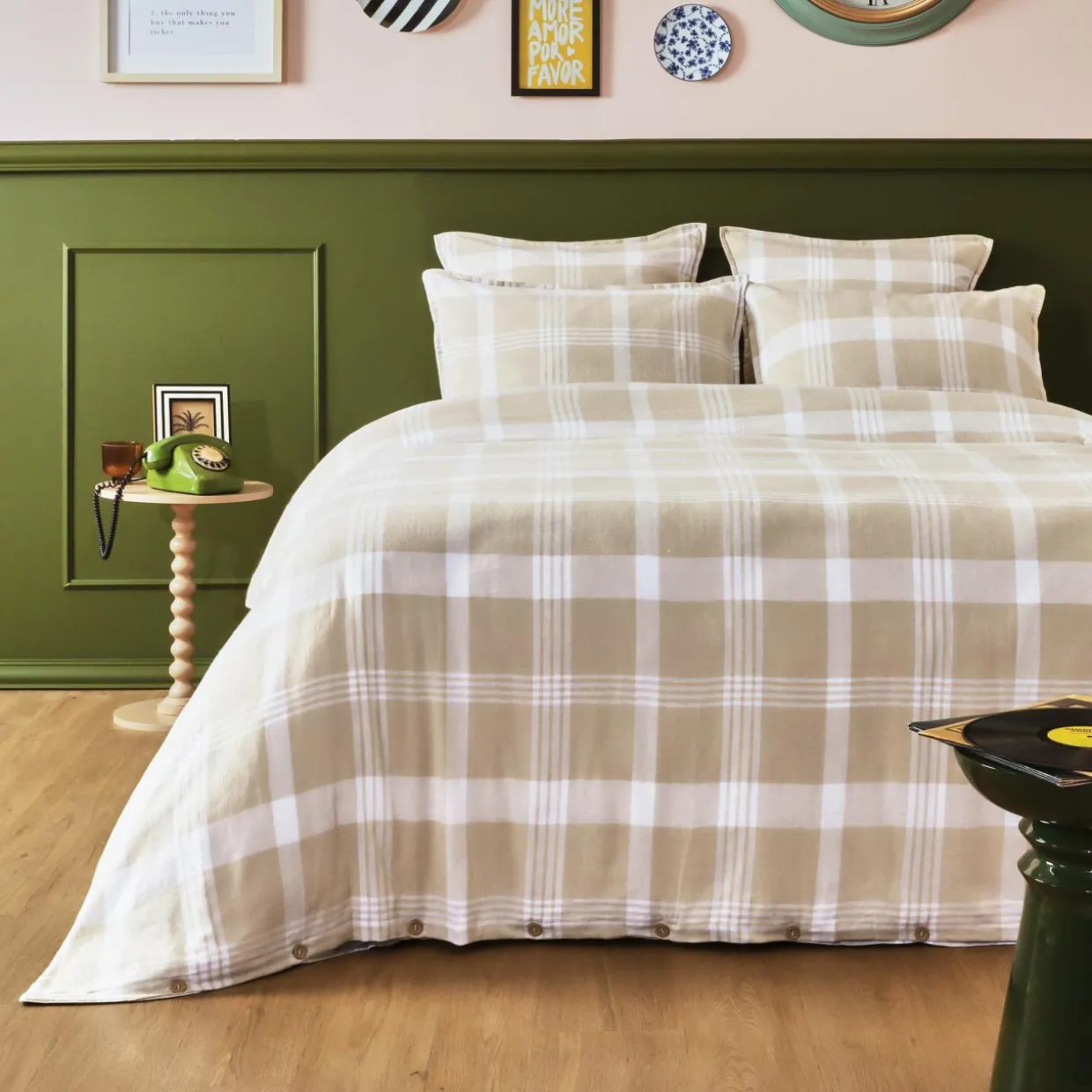 Taie d'oreiller rectangulaire flanelle de coton (50 x 80 cm) Nina carreaux Beige