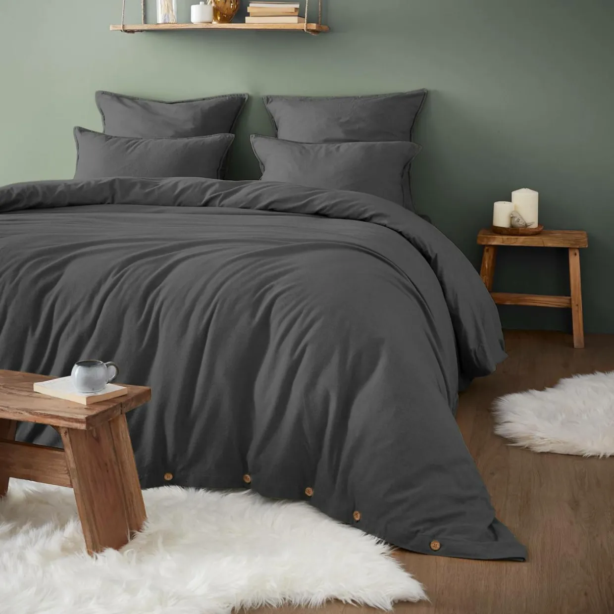 Taie d'oreiller rectangulaire flanelle de coton (50 x 70 cm) Nina Gris anthracite