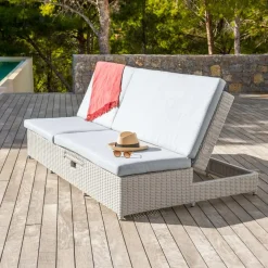 Transat double en résine tressée - Canapé de jardin Calvi Blanc et gris clair