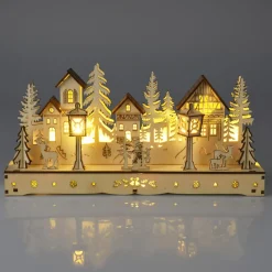 Village de Noël en bois lumineux à piles (29 x H14 cm) Square enchanté Naturel