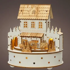 Village de Noël en bois lumineux et musical à piles (H19 cm) Maison de famille