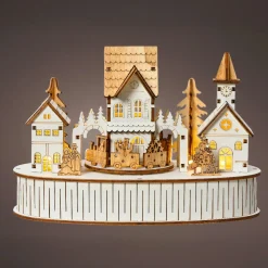 Village de Noël en bois lumineux et musical à piles (22 x H15 cm) Ville de lumière