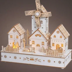 Village de Noël en bois lumineux musical et animé à piles (H26 cm) Moulin et hameau