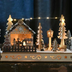 Village de Noël en bois lumineux à piles (H18 cm) Bonbons de Noël