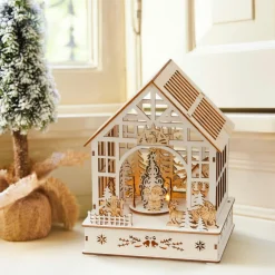 Village de Noël en bois lumineux, musical et animé à piles (18 x 24 cm) Jardin d’hiver