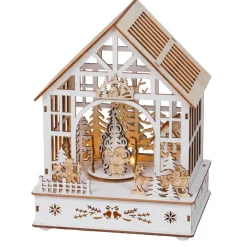 Village de Noël en bois lumineux, musical et animé à piles (18 x 24 cm) Jardin d’hiver