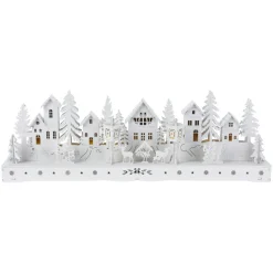 Village de Noël en bois lumineux à piles (45 x H15 cm) Square enchanté Blanc