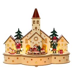 Village de Noël en bois lumineux et musical à piles (30 x H24 cm) Église et casse-noisette