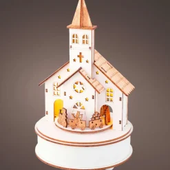 Village de Noël en bois lumineux et musical à piles (H24 cm) Église et train