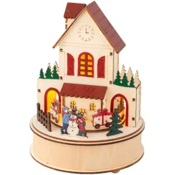 Village de Noël en bois lumineux et musical à piles (H20 cm) Maison joyeuse Colorée