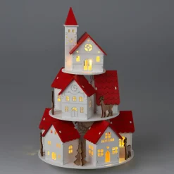Village de Noël en bois lumineux à piles (H30 cm) Maisons toits rouges