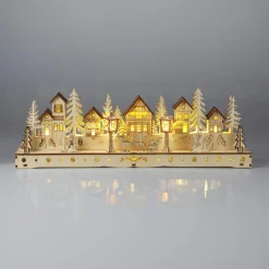 Village de Noël en bois lumineux à piles (45 x H15 cm) Square enchanté Naturel