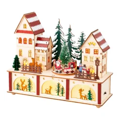 Village de Noël en bois lumineux et musical à piles (27 x H22 cm) Cœur du village Coloré