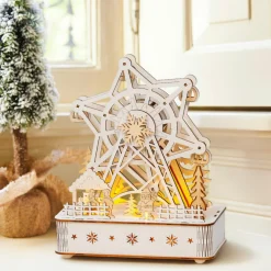Village de Noël en bois lumineux et musical à piles (20 x 24 cm) Grande roue
