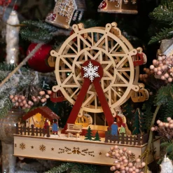 Village de Noël en bois lumineux et musical à piles (28 x H28 cm) Grande roue Colorée