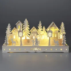 Village de Noël en bois lumineux à piles (29 x H14 cm) Square enchanté Blanc