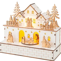 Village de Noël en bois lumineux et musical à piles (21 x H24 cm) Villageois en fête