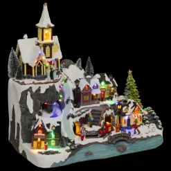 Village de Noël lumineux animé et musical (H45 cm) Grande église et train