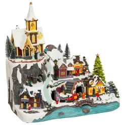 Village de Noël lumineux animé et musical (H45 cm) Grande église et train